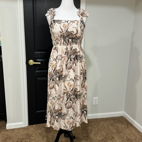 ALLSAINTS Mali Ukushisa Midi Dress Smocked Ruffle Safari Animal Print Size 10 - Picture 4 of 11